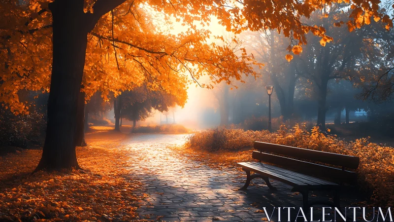 Golden autumn park path glows through misty sunrise light.