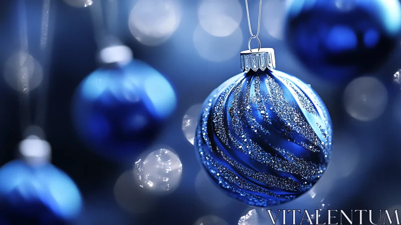 Blue glass ornament glows amid soft holiday bokeh lights.