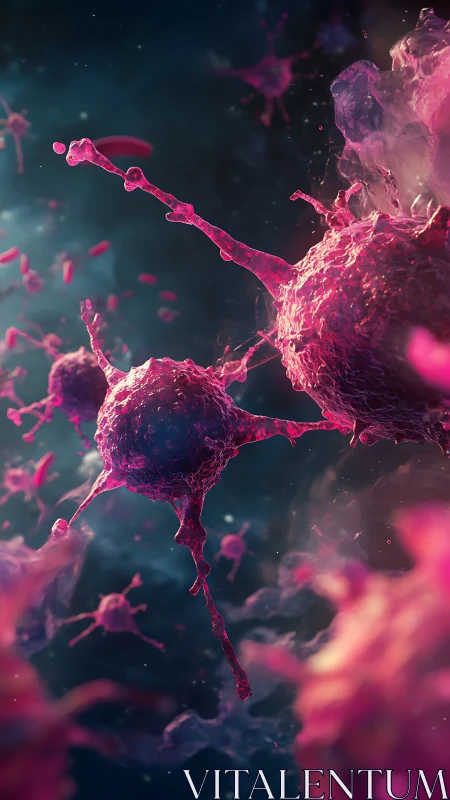 Radiant microscopic world of glowing pink cell clusters.