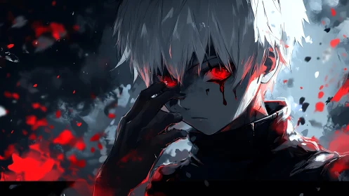White-haired anime boy stares forward with glowing red eyes