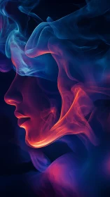 Volumetric smoke silhouette forms luminous dual-toned female profile