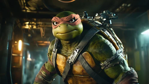 Streetwise sewer turtle hero poised in neon-soaked lair.