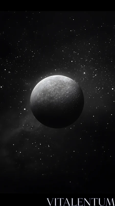 High contrast cratered moon rendered against dense starfield backdrop