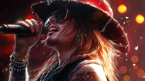 Digital rocker portrait under stage lights in vivid color.