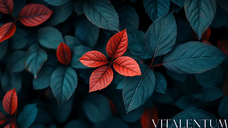 Scarlet leaf cluster glows against cool teal foliage