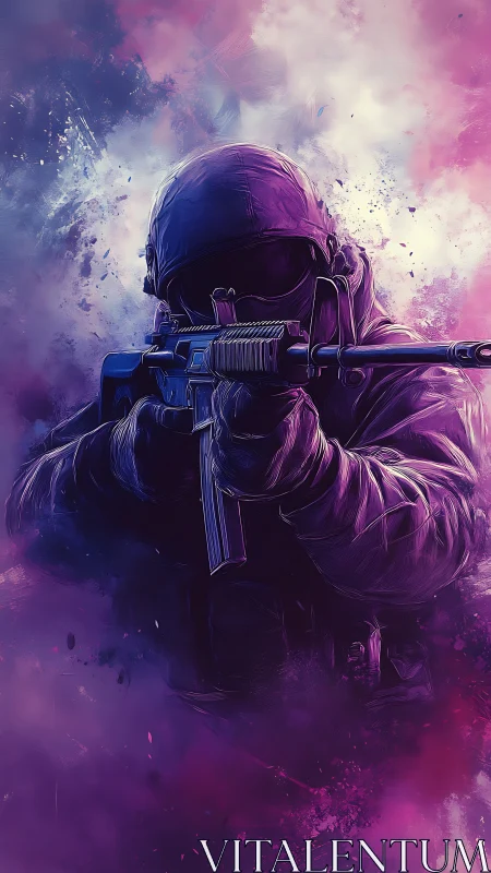Digital soldier with rifle in neon purple smoke field.