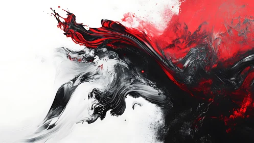 Dynamic Black and Red Abstract Paint Swirl on White Canvas.
