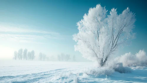 Winter trees glow softly under a calm blue morning sky