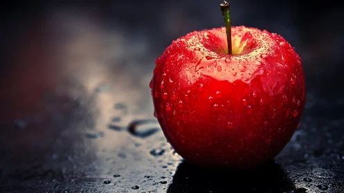 Macro study of dewy red apple on wet dark surface.