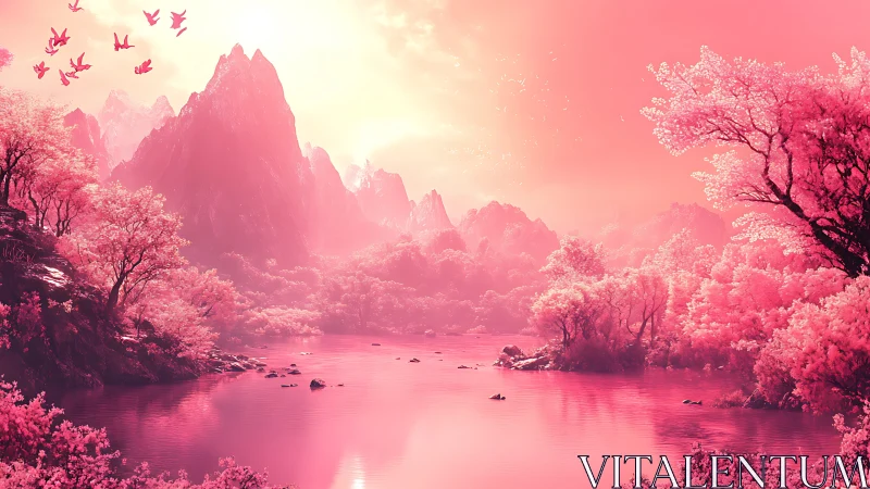 Pink monochrome fantasy mountains and river at sunrise.