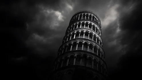Leaning marble tower under dramatic storm-dark sky.
