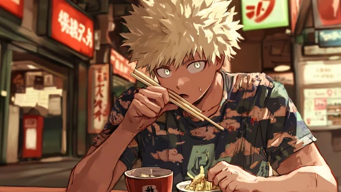 Blond anime boy eats noodles under neon city lights