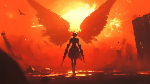 Silhouetted winged figure walks toward intense fiery light