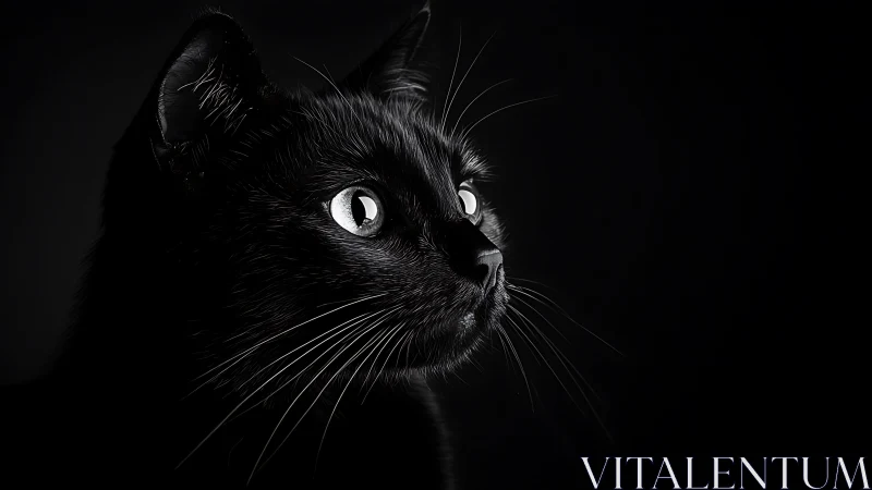 High-contrast monochromatic feline portrait with luminous ocular presence.