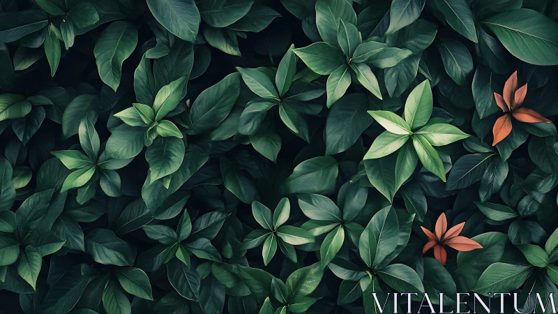 Lush tropical foliage pattern with contrasting orange accents.