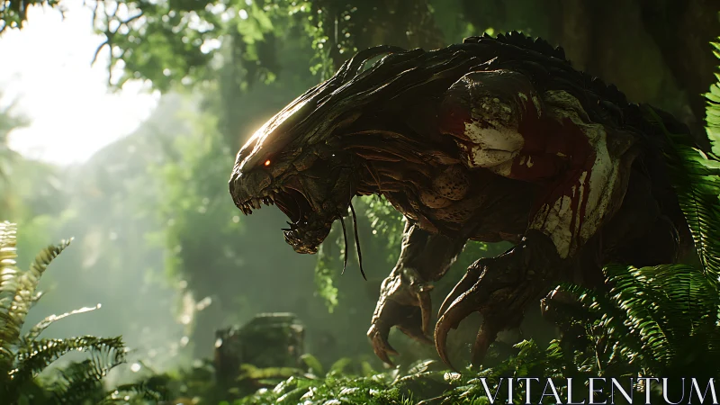 Savage alien beast stalks prey through a sunlit jungle