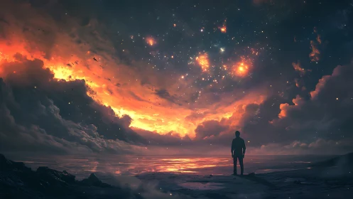 Silhouette observing fiery cosmic sky over reflective shore.