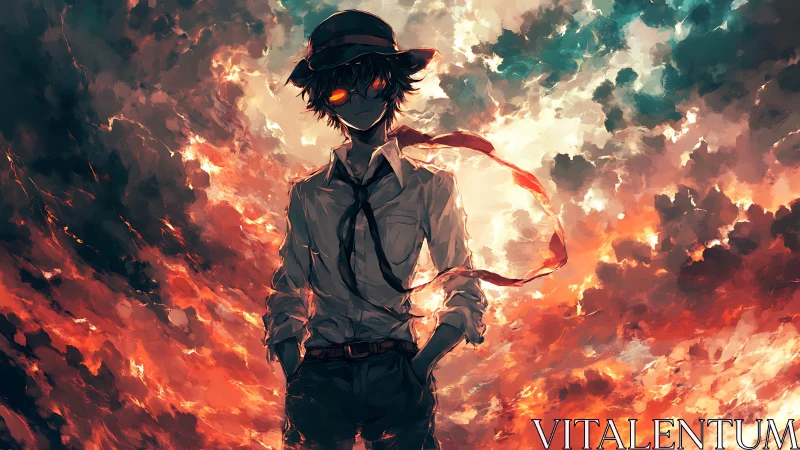 Shadowed figure stands in burning sky with glowing eyes