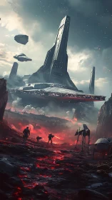 Epic sci fi fortress rising above a blazing alien battlefield.