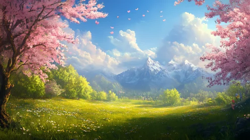 Digital landscape presents meadow, blossoms and mountains