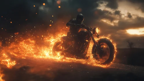 Armored motorcyclist rides through incendiary terrain at dusk