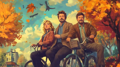 Golden autumn bike ride with friends under swirling leaves.