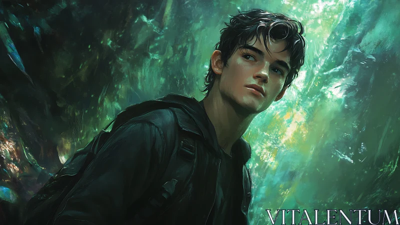 Young wanderer stands in luminous emerald forest haze.