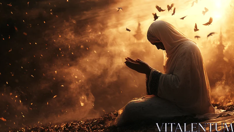 Prayer carves quiet light through storming golden dust