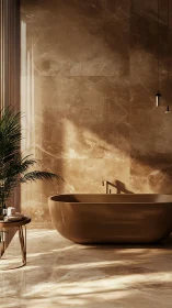 Brown freestanding bathtub stands in marble bathroom light
