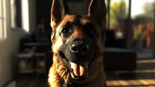 German Shepherd close-up in warm indoor sunlight.
