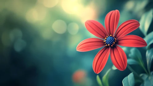 Red Cosmos Flower Blooms Against Soft Teal Bokeh Background.