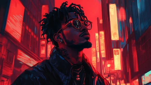 Neon-lit urban portrait of man in reflective sunglasses.