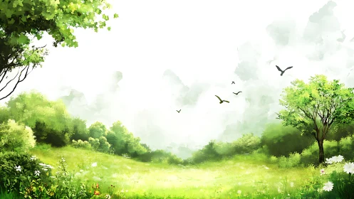 Lush Green Meadow with Trees and Birds in Watercolor Style.