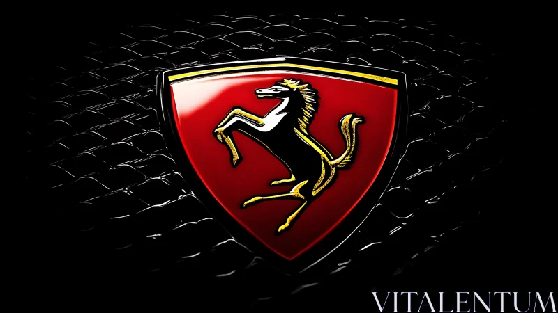 Prancing horse emblem on gloss red shield over dark mesh.