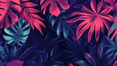 Neon tropical foliage fills frame with layered gradient leaves