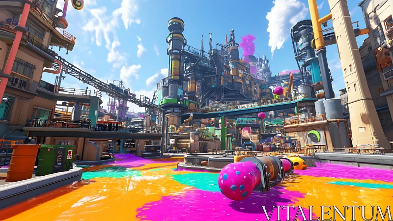 Chromatic industrial refinery with neon ink streams under sky.