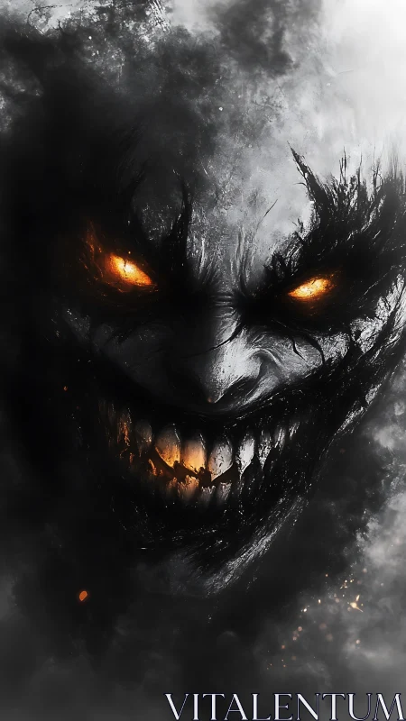 Demonic smoke visage burns through darkness with ember eyes