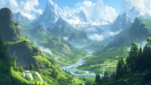 Mountain valley landscape with river and distant snow peaks.