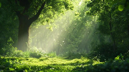 Forest Clearing with Sunrays Through Dense Canopy.