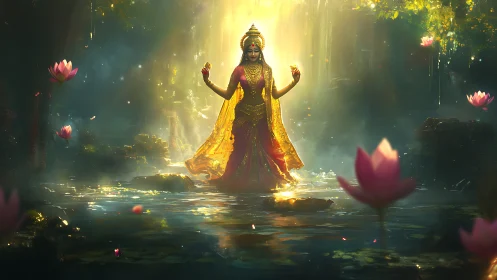 Golden goddess figure standing in glowing lotus water scene.