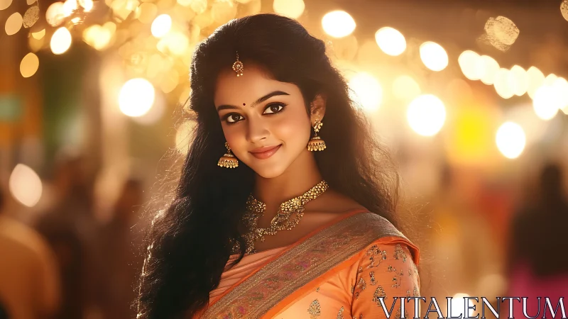 Portrait of woman in silk saree under warm festival bokeh