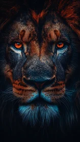 Close frontal portrait of a lion with contrasted lighting.