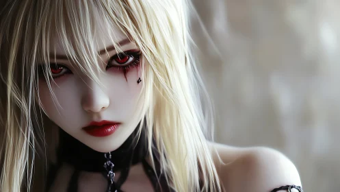 Gothic anime girl stares ahead with crimson, tear-streaked eyes.