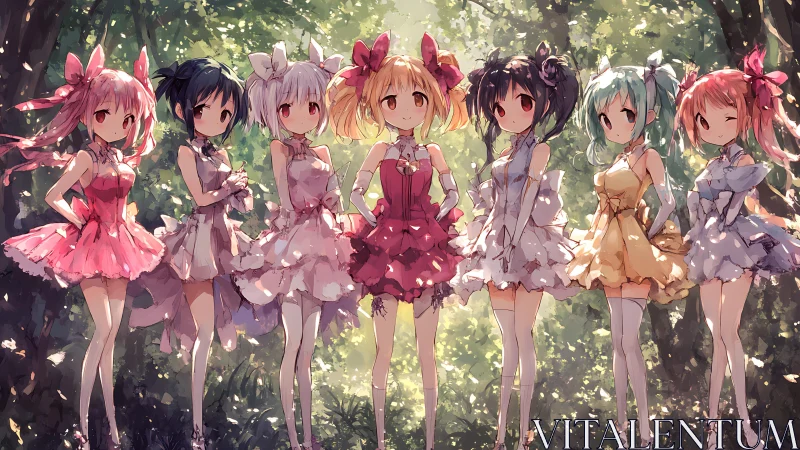 Forest sunlight crowns seven pastel idols in petal dresses