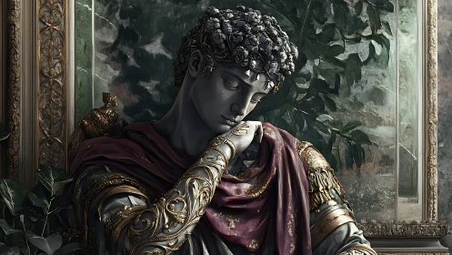 Neoclassical cyborg bust with ornate baroque drapery detail.