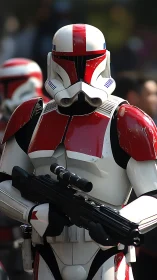 Scarlet-armored space trooper stands on parade watchfully.