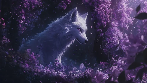 White wolf in purple flowered forest at nightfall.