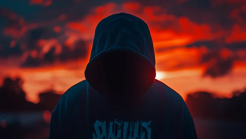 Hooded silhouette stands against intense red sunset sky
