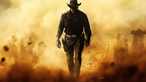 Lone cowboy walks through drifting dust toward camera.