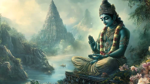 Blue-skinned meditative deity seated before riverside temple